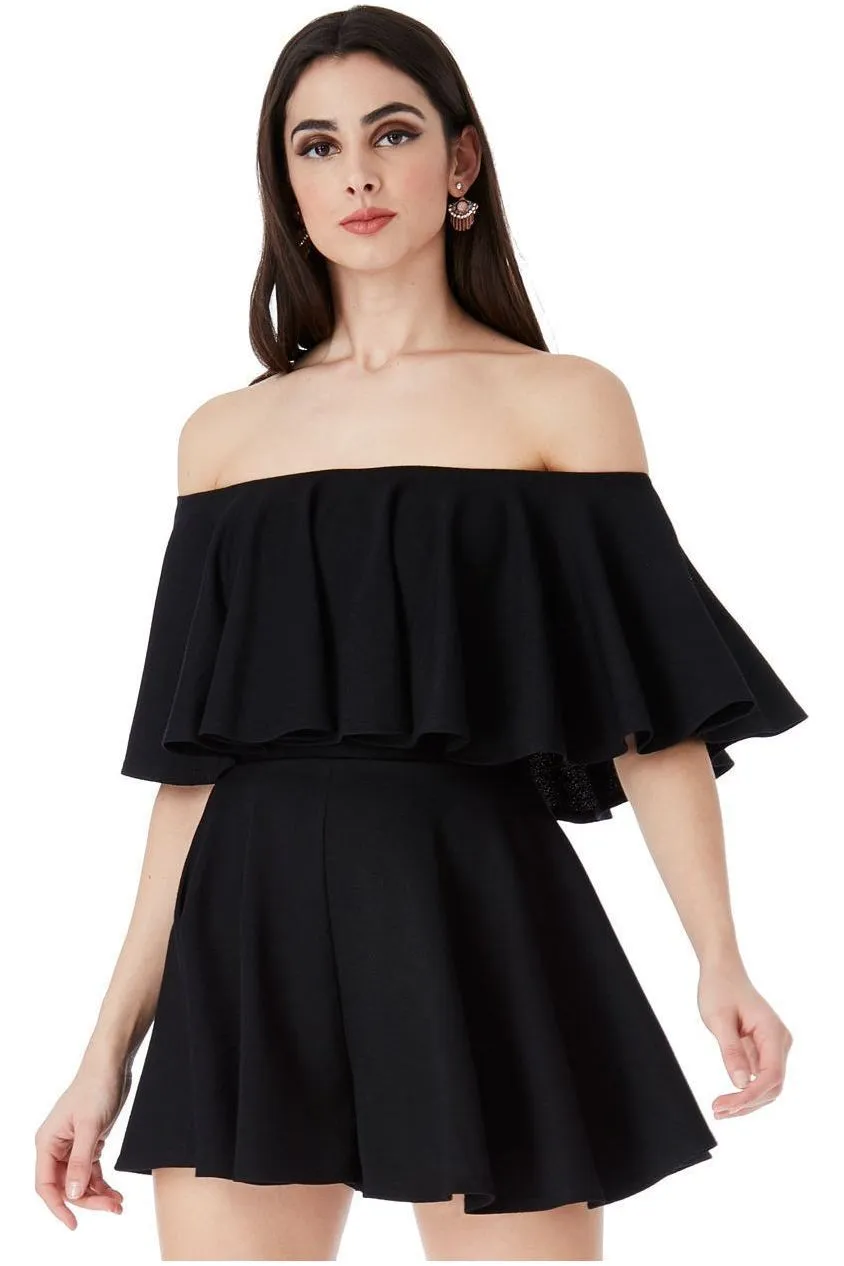 Goddiva Off The Shoulder Frill Neck Skater Playsuit - Black