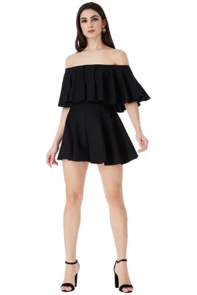 Goddiva Off The Shoulder Frill Neck Skater Playsuit - Black