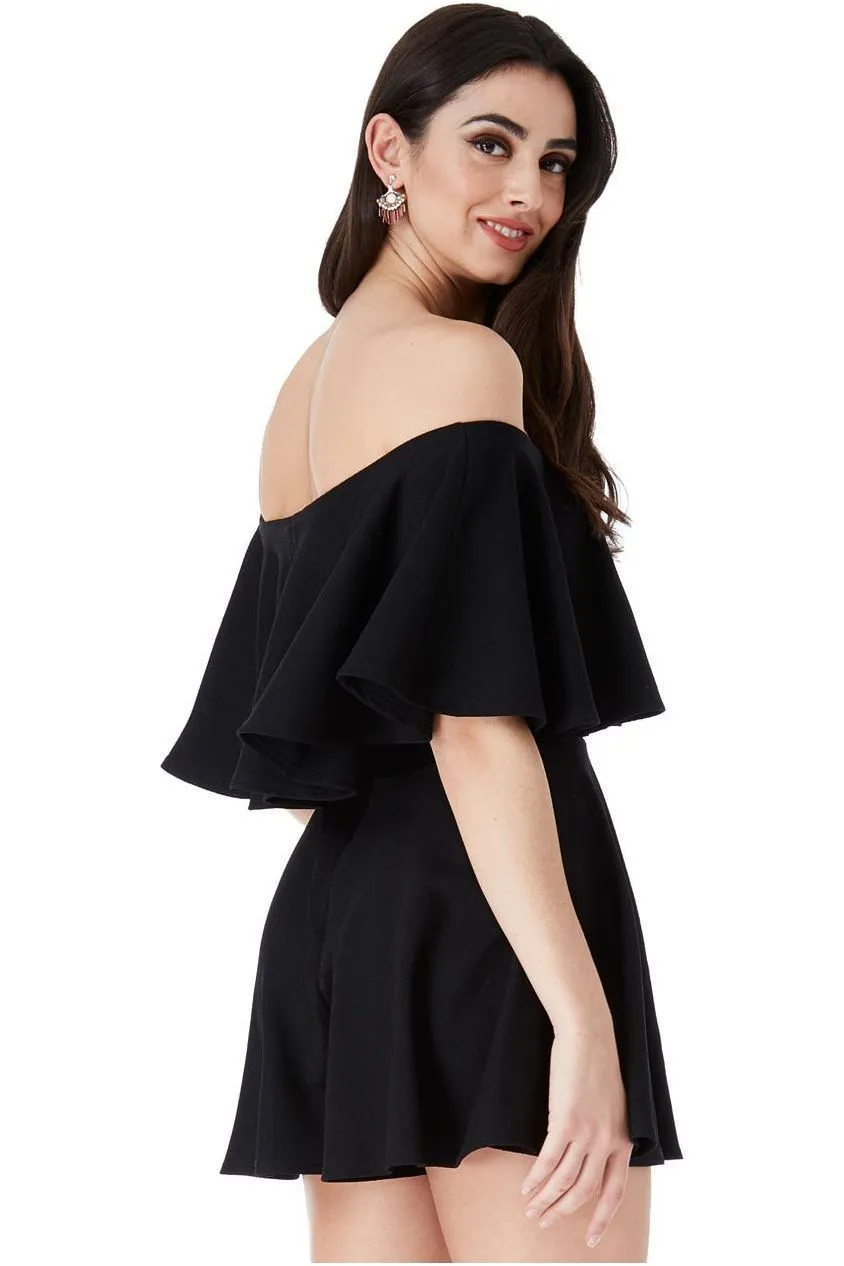 Goddiva Off The Shoulder Frill Neck Skater Playsuit - Black