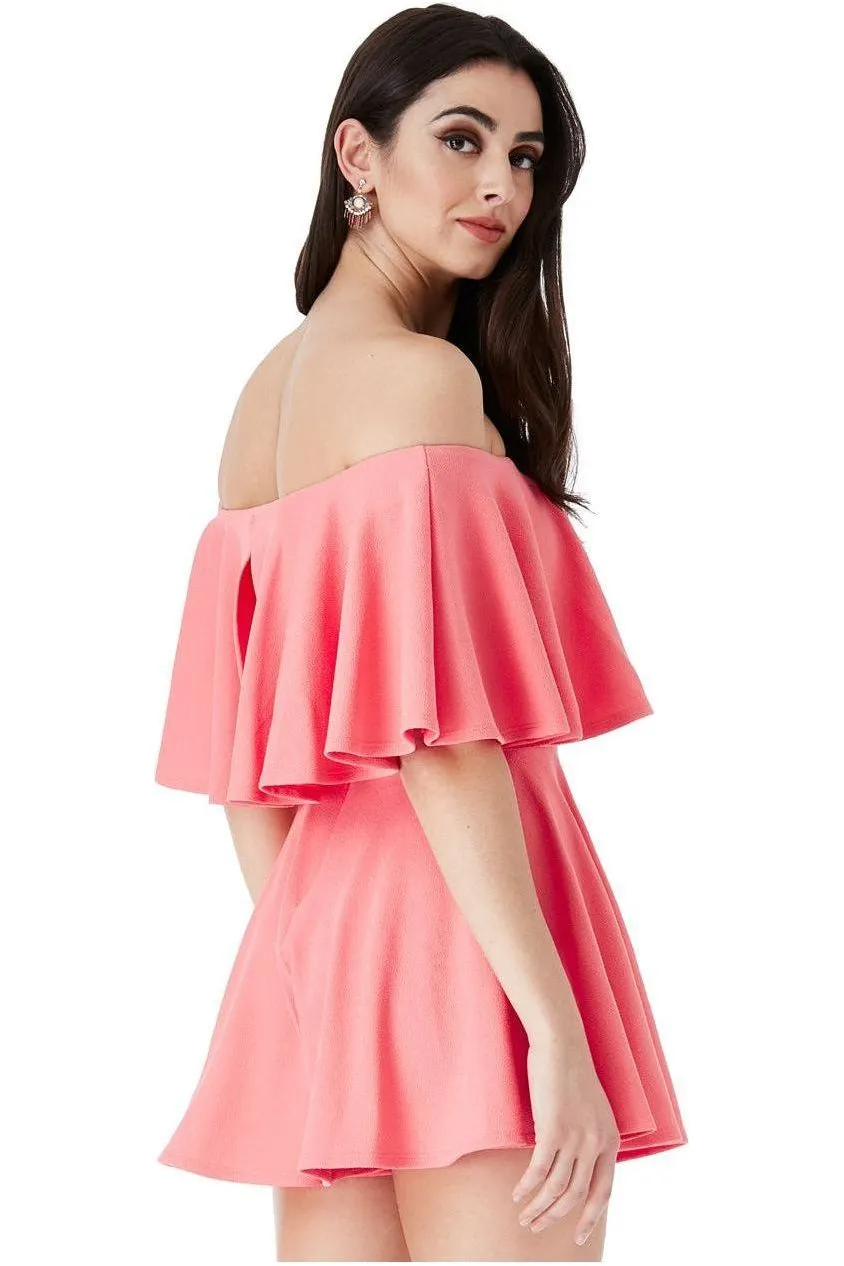 Goddiva Off The Shoulder Frill Neck Skater Playsuit - Coral