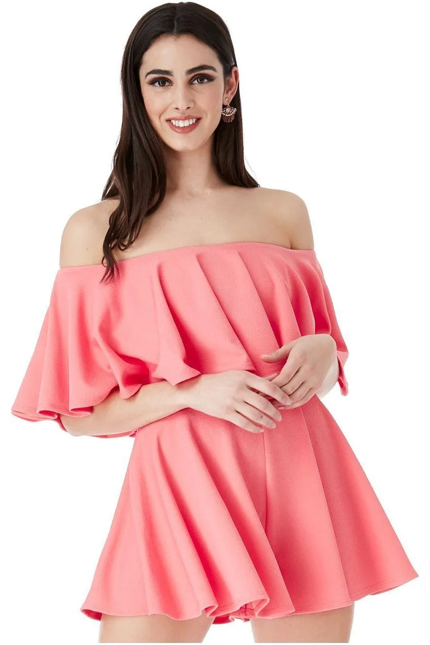 Goddiva Off The Shoulder Frill Neck Skater Playsuit - Coral