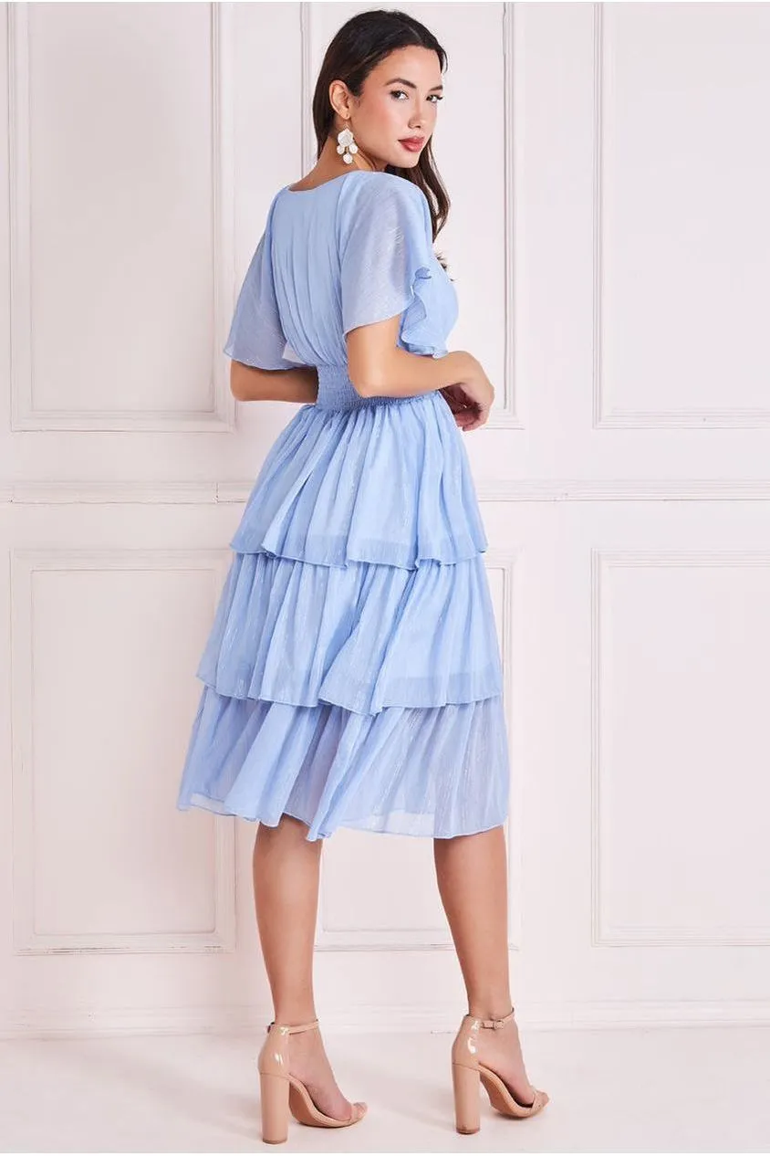 Goddiva Plain Lurex Chiffon Tiered Dress - Light Blue