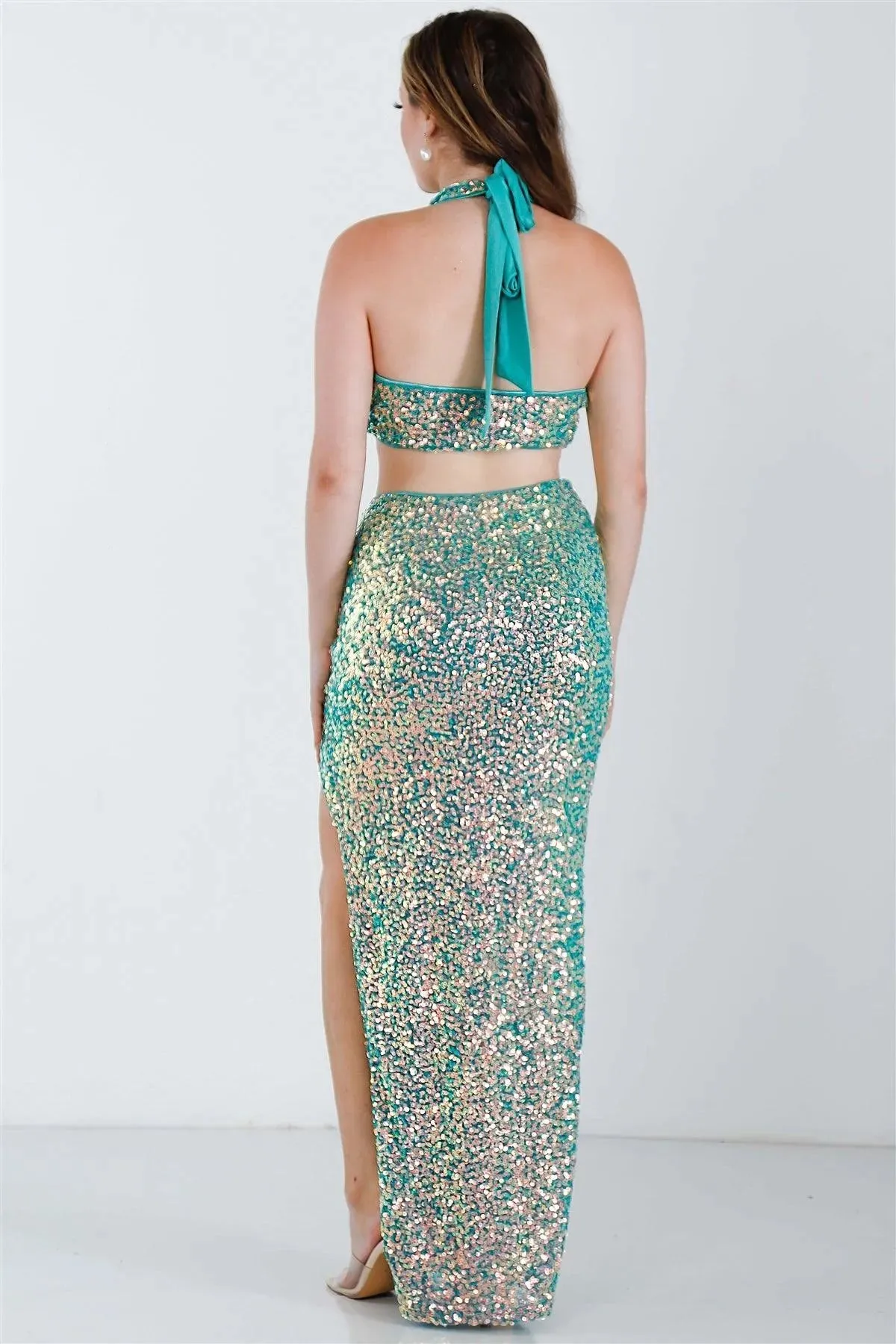 Green Sequin V-Neck Sleeveless Crop Top & High Waist Maxi Skirt Set /3-2-1