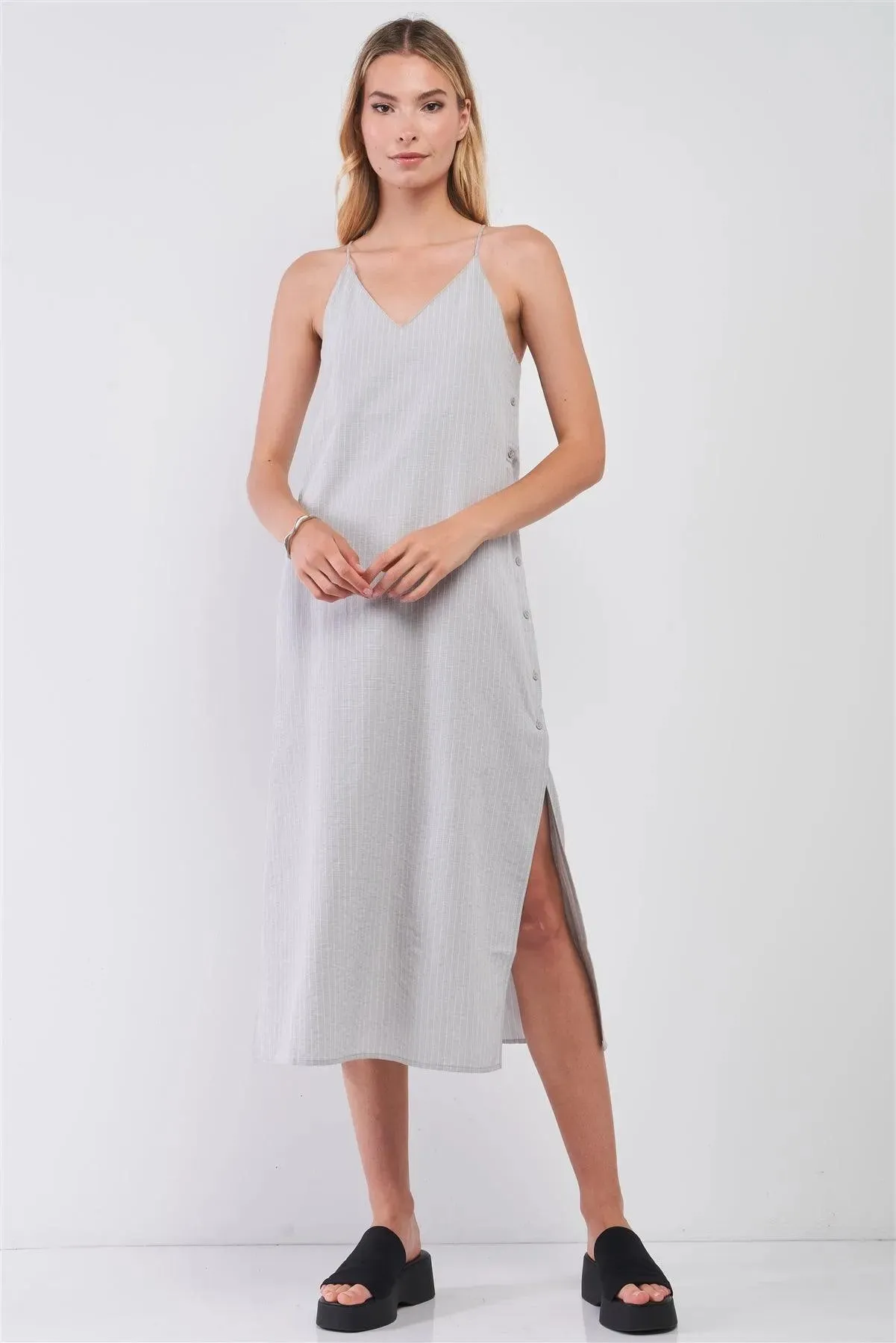 Grey Striped Sleeveless V-Neck Button-Down Slit Sides Detail Midi Dress /1-2-2