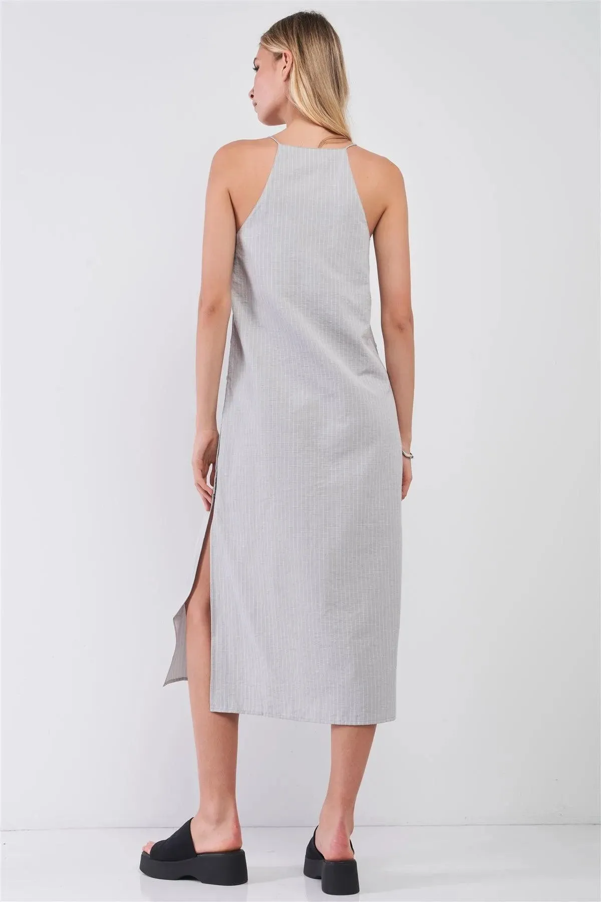 Grey Striped Sleeveless V-Neck Button-Down Slit Sides Detail Midi Dress /1-2-2