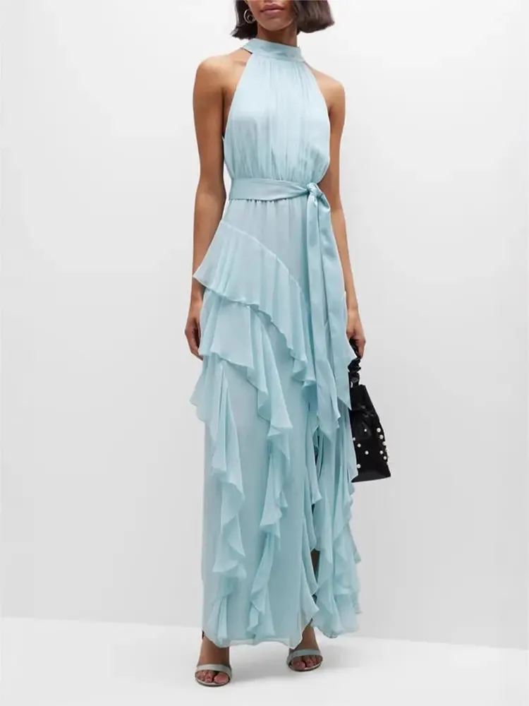 Halter Tie-Back Ruffle Maxi Dress