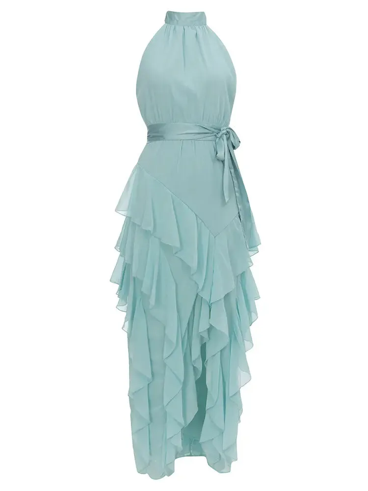 Halter Tie-Back Ruffle Maxi Dress