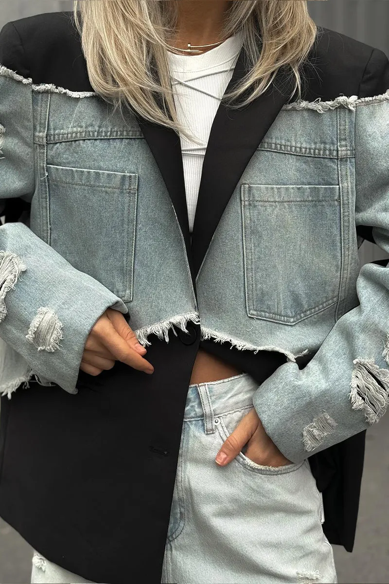 HCU1007 Distressed Denim Blazer Jacket