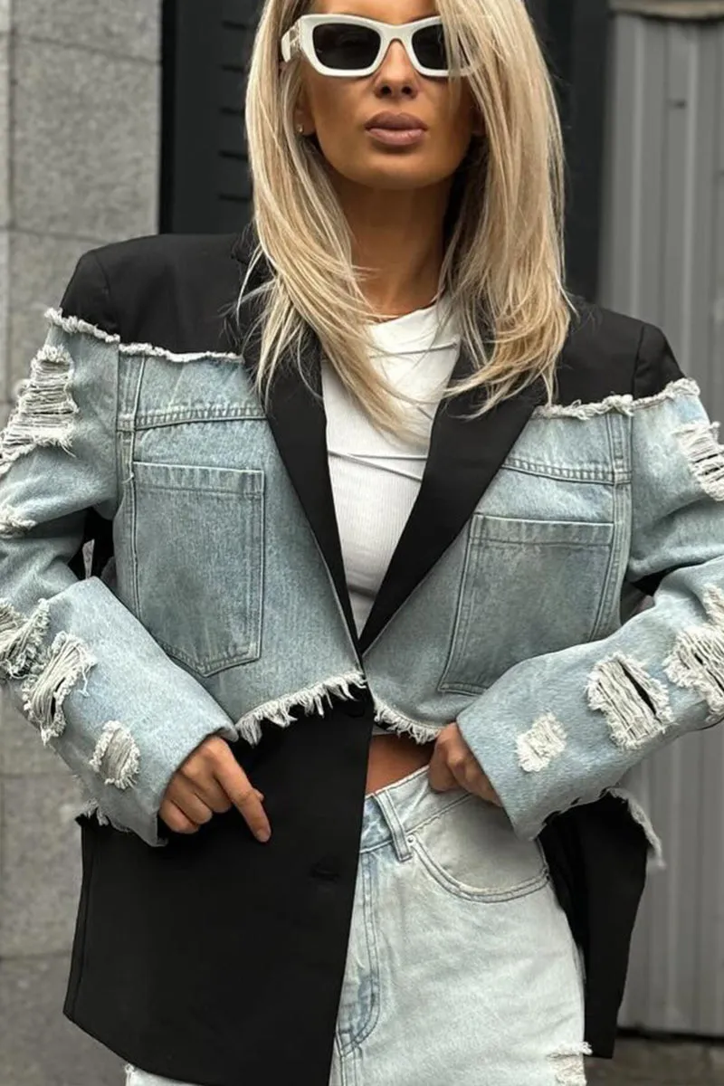 HCU1007 Distressed Denim Blazer Jacket