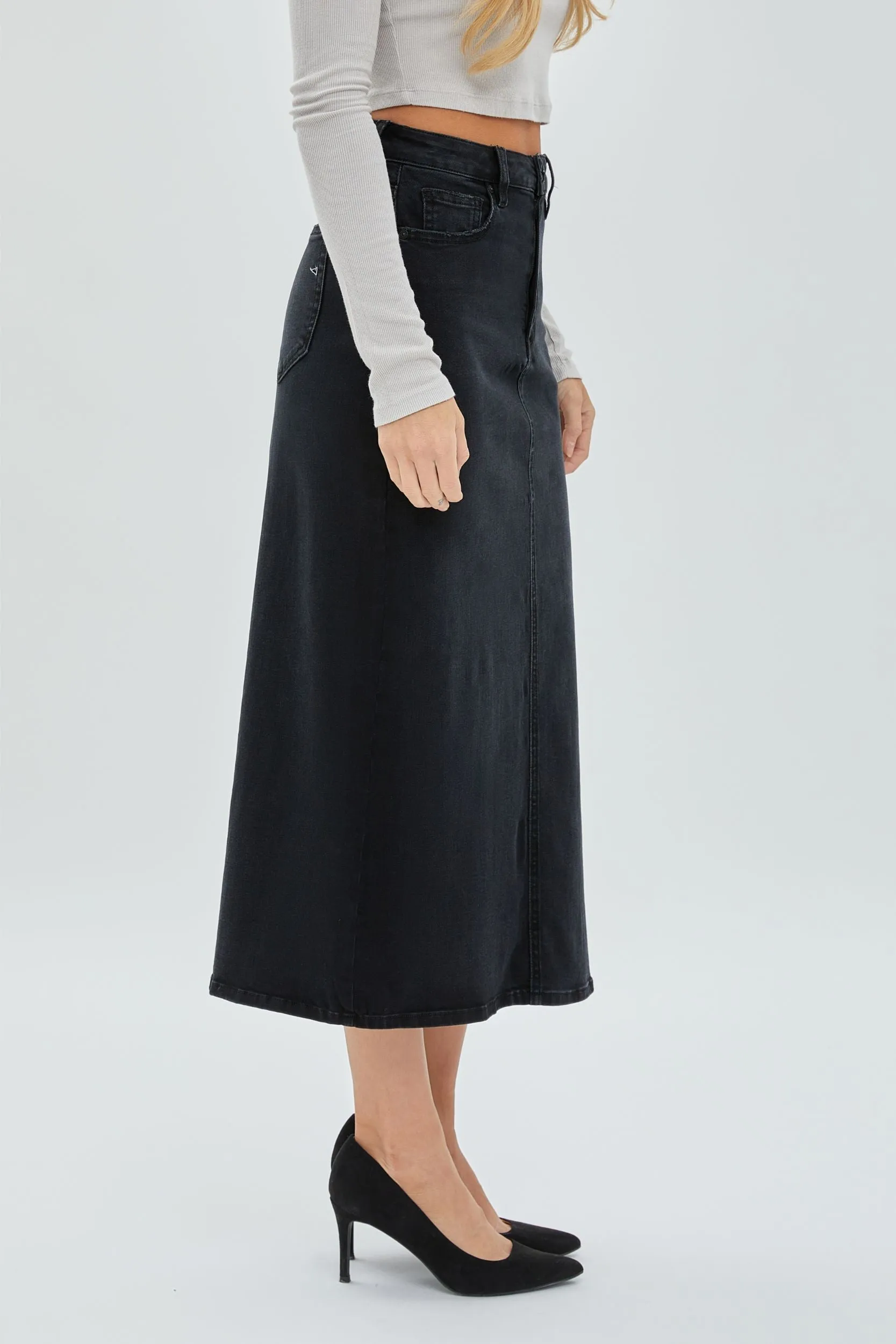 Hidden Side Slit Denim Midi Skirt