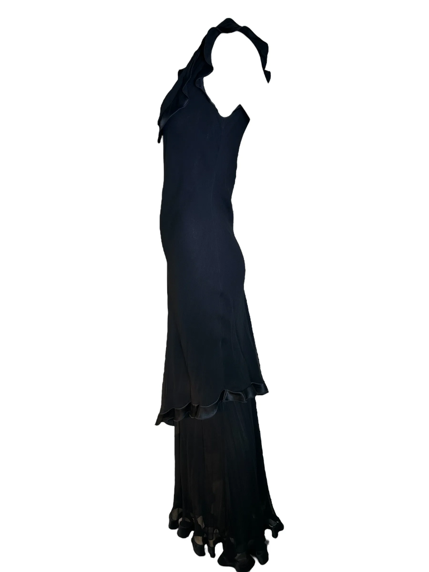 Holly Harp 1990s Black Chiffon Bias-Cut Tiered Gown