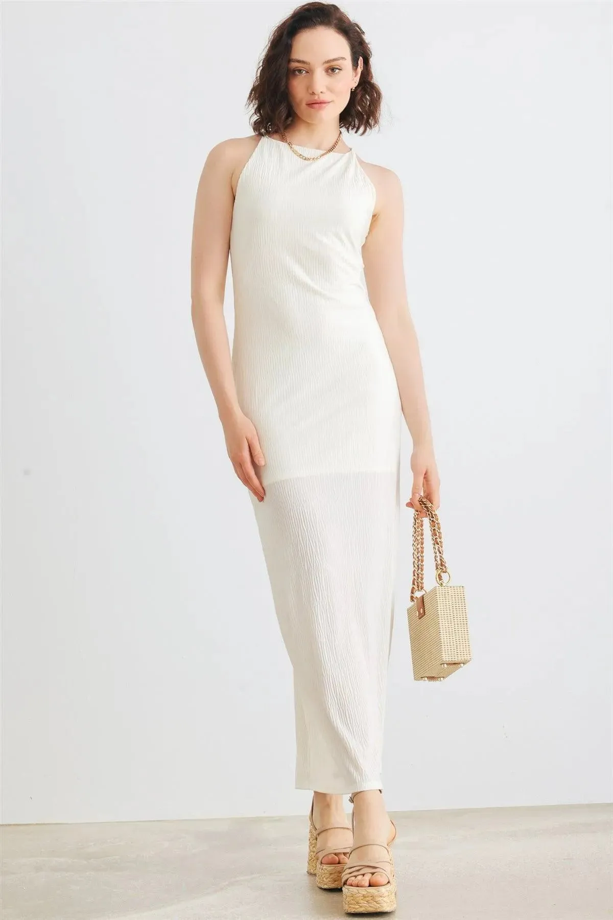 Ivory Micro-Pleat Sleeveless Midi Dress /1-2-2-1