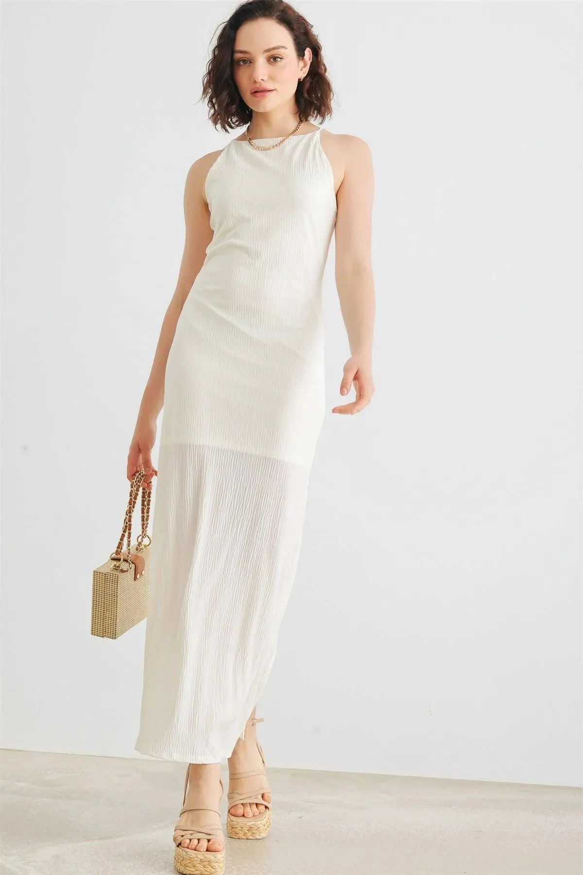 Ivory Micro-Pleat Sleeveless Midi Dress /1-2-2-1