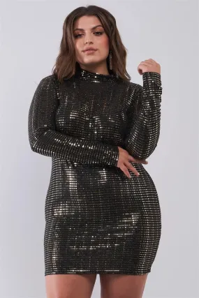 Junior Plus Size Black Gold Sequin Mesh Long Sleeve Mock Neck Slit Back Detail Relaxed Mini Dress /2-2-2