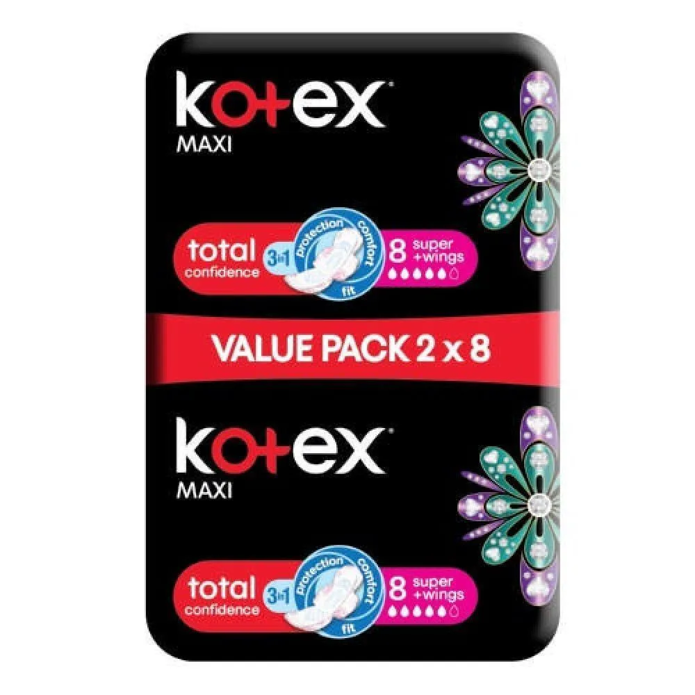 Kotex Maxi Pads total confidence 3in1 2 x 8 Super wings (Value pack)