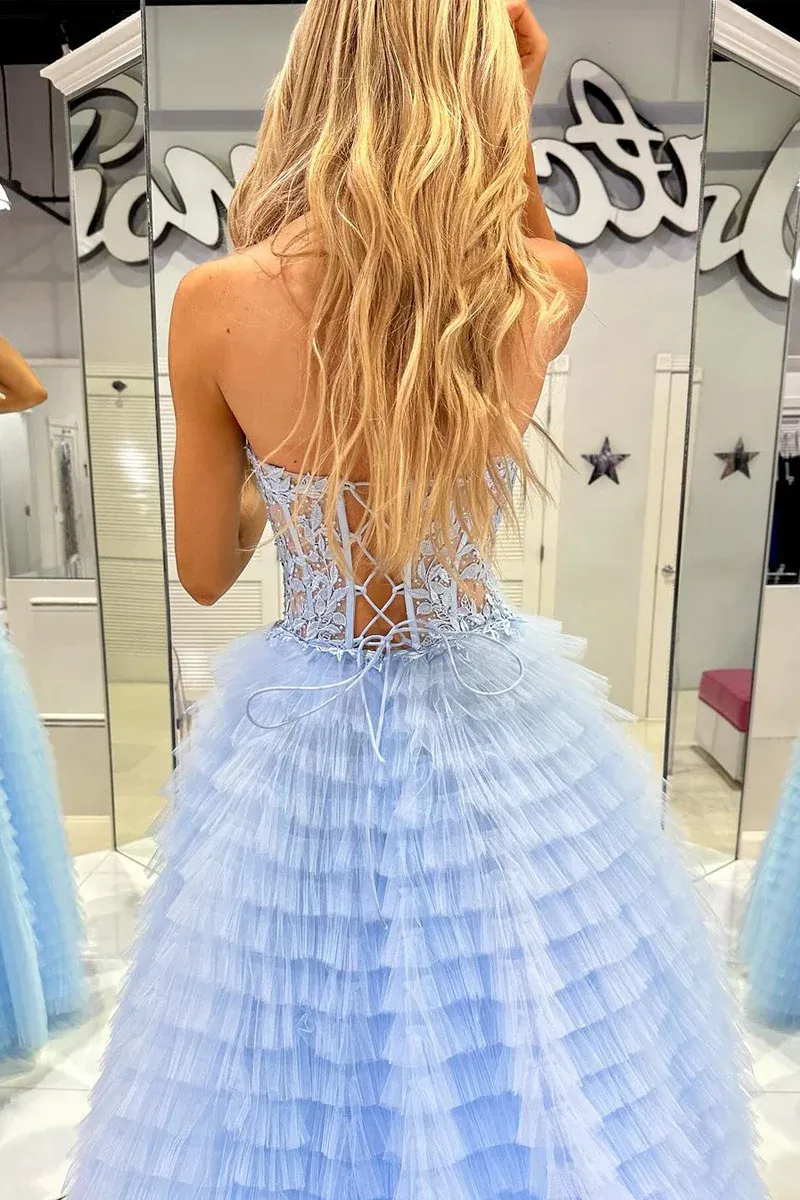 Light Blue Sweetheart Tiered Tulle Long Prom Dresses