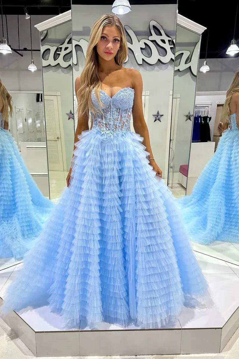 Light Blue Sweetheart Tiered Tulle Long Prom Dresses