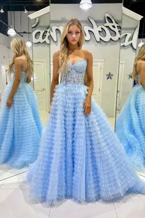 Light Blue Sweetheart Tiered Tulle Long Prom Dresses