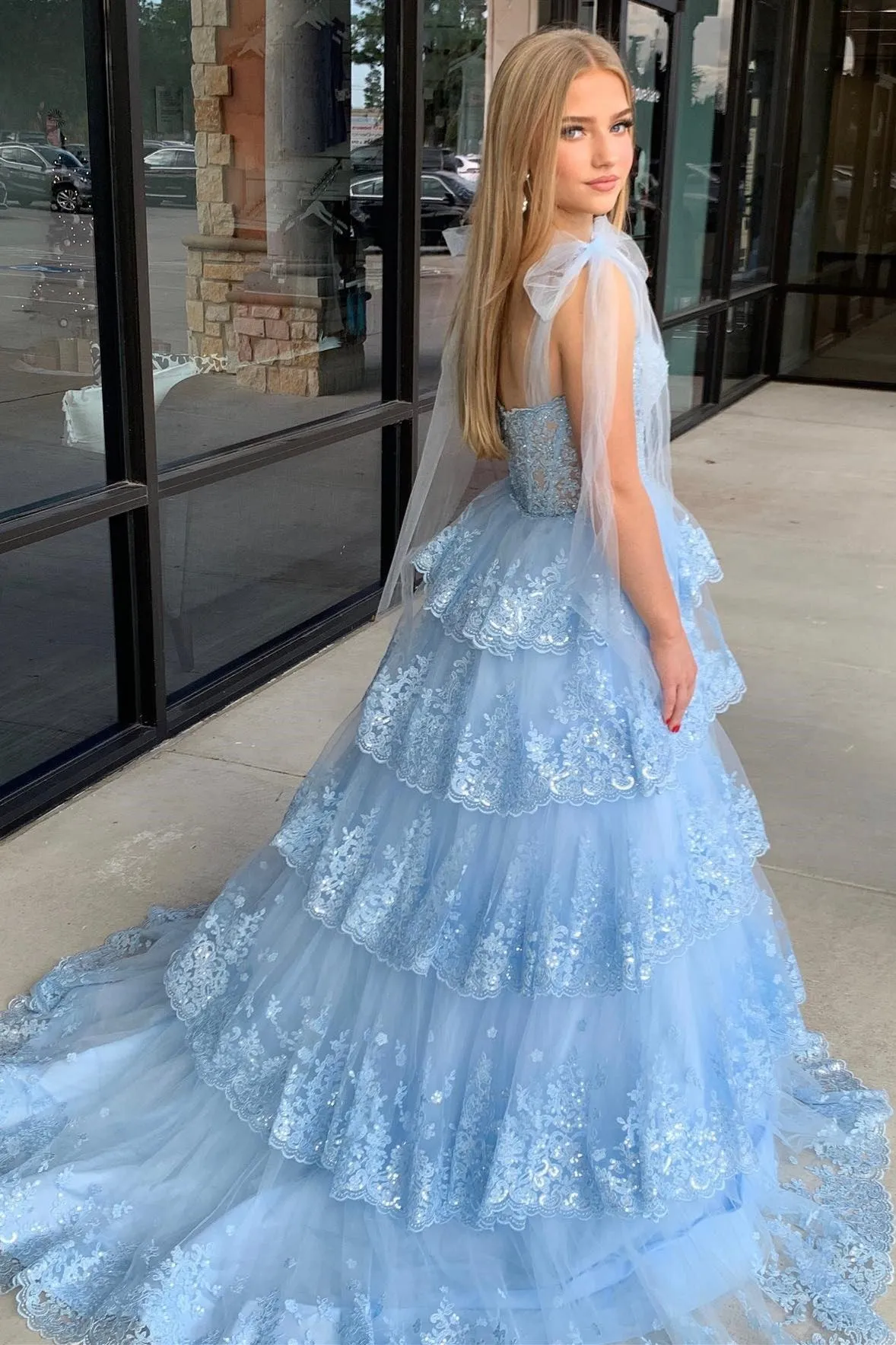 Light Blue Tulle Appliques Tie Straps Ruffle Tiered Lace Long Prom Dress