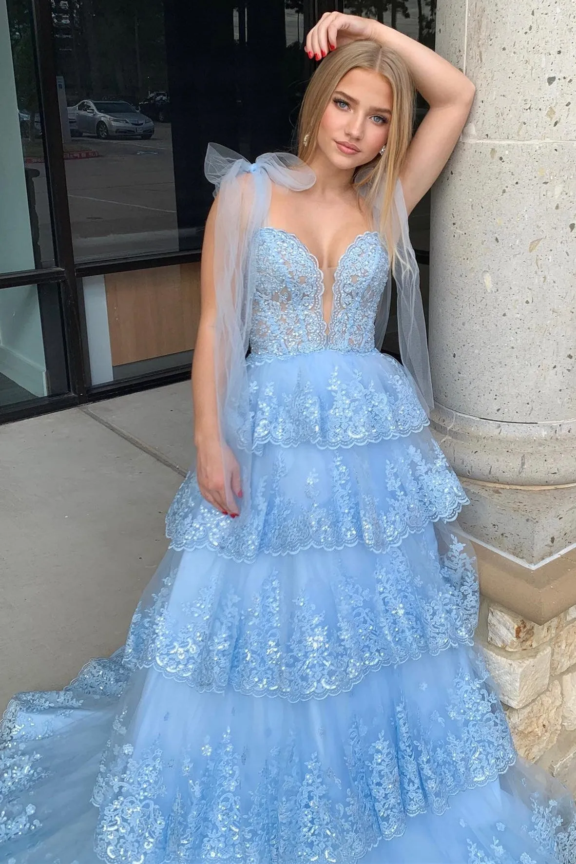 Light Blue Tulle Appliques Tie Straps Ruffle Tiered Lace Long Prom Dress