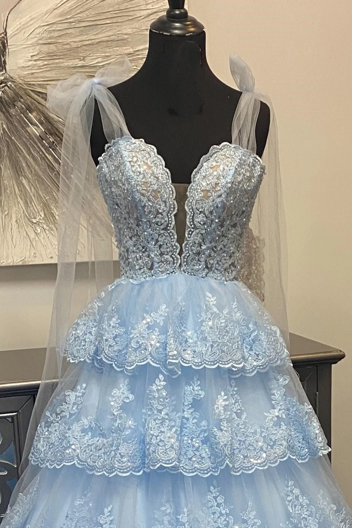 Light Blue Tulle Appliques Tie Straps Ruffle Tiered Lace Long Prom Dress