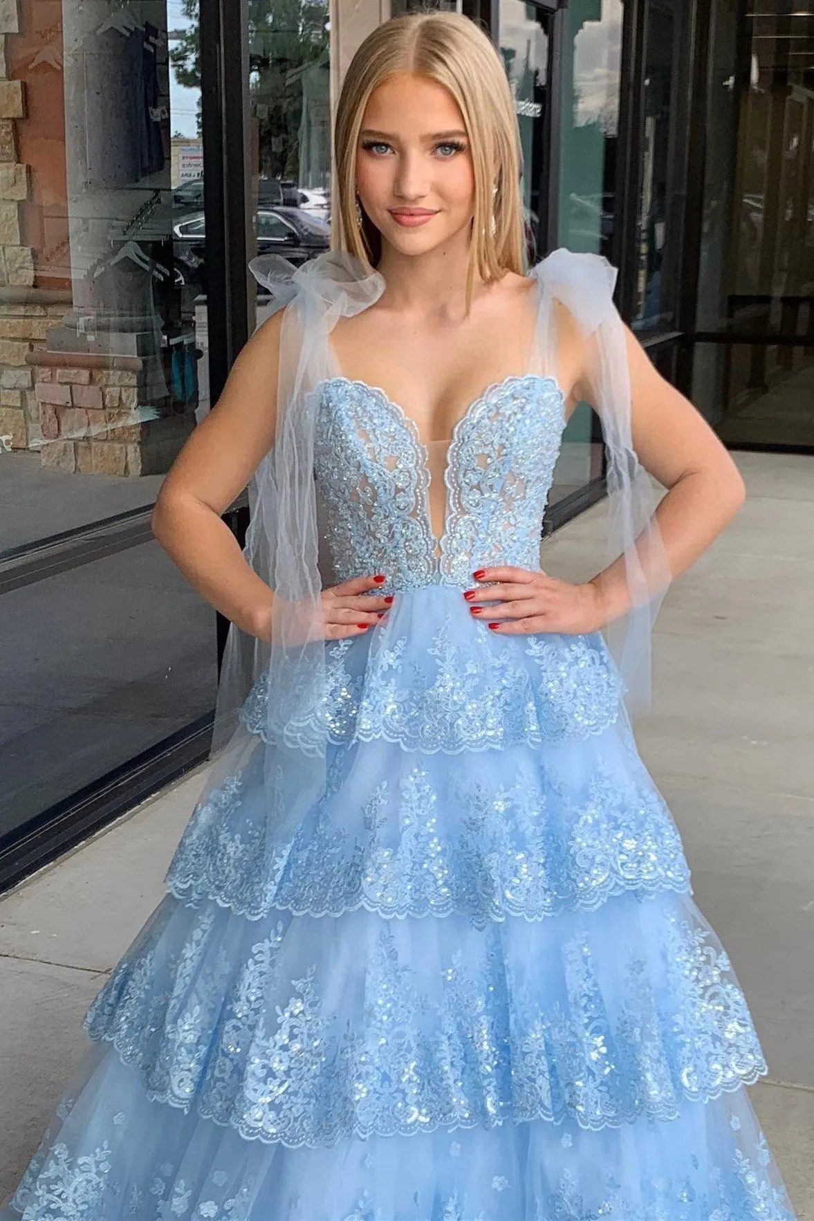 Light Blue Tulle Appliques Tie Straps Ruffle Tiered Lace Long Prom Dress