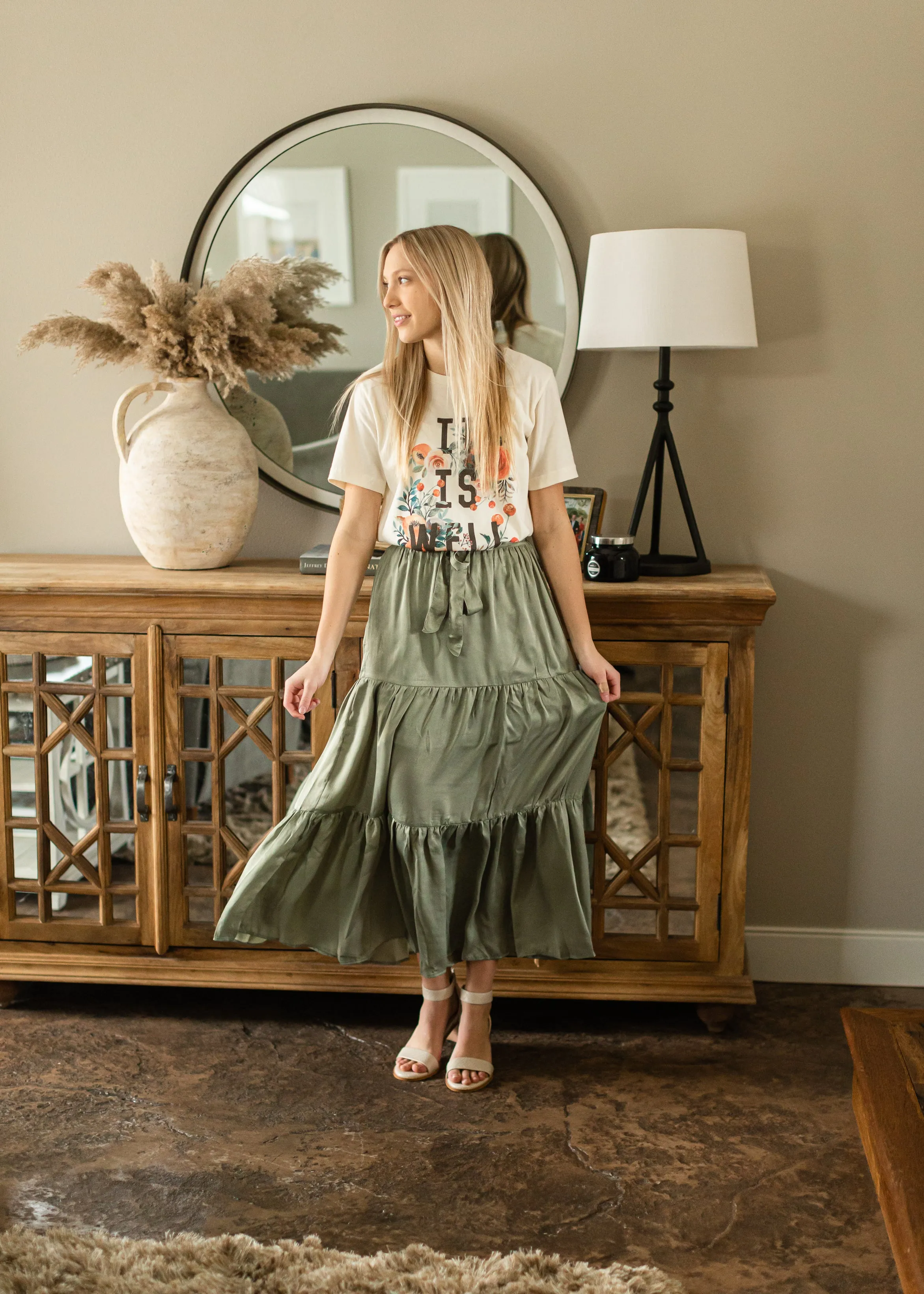 Light Olive Tie Waist Midi Skirt - FINAL SALE