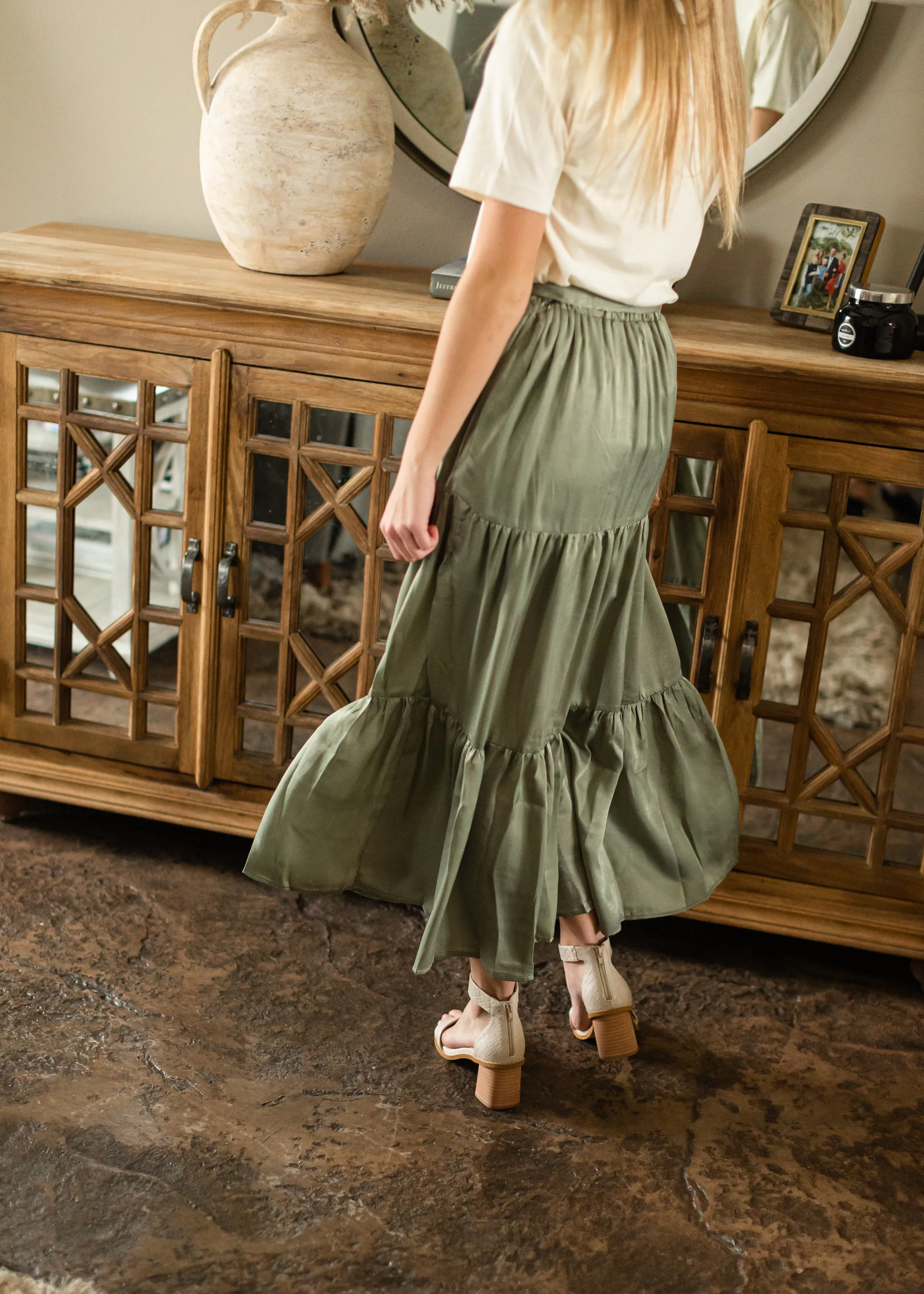 Light Olive Tie Waist Midi Skirt - FINAL SALE