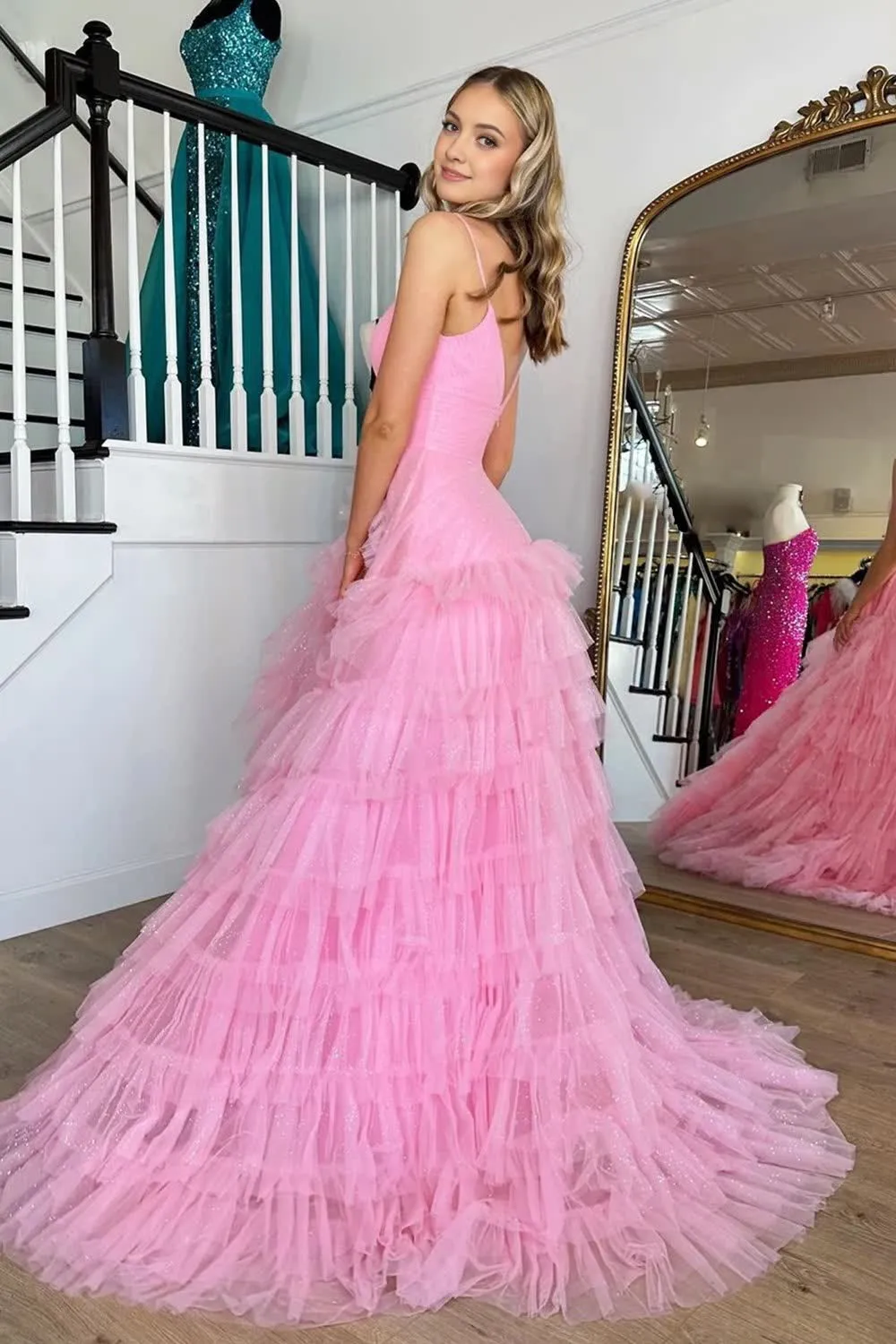 Light Pink Tulle Tiered A-Line Long Prom Dress