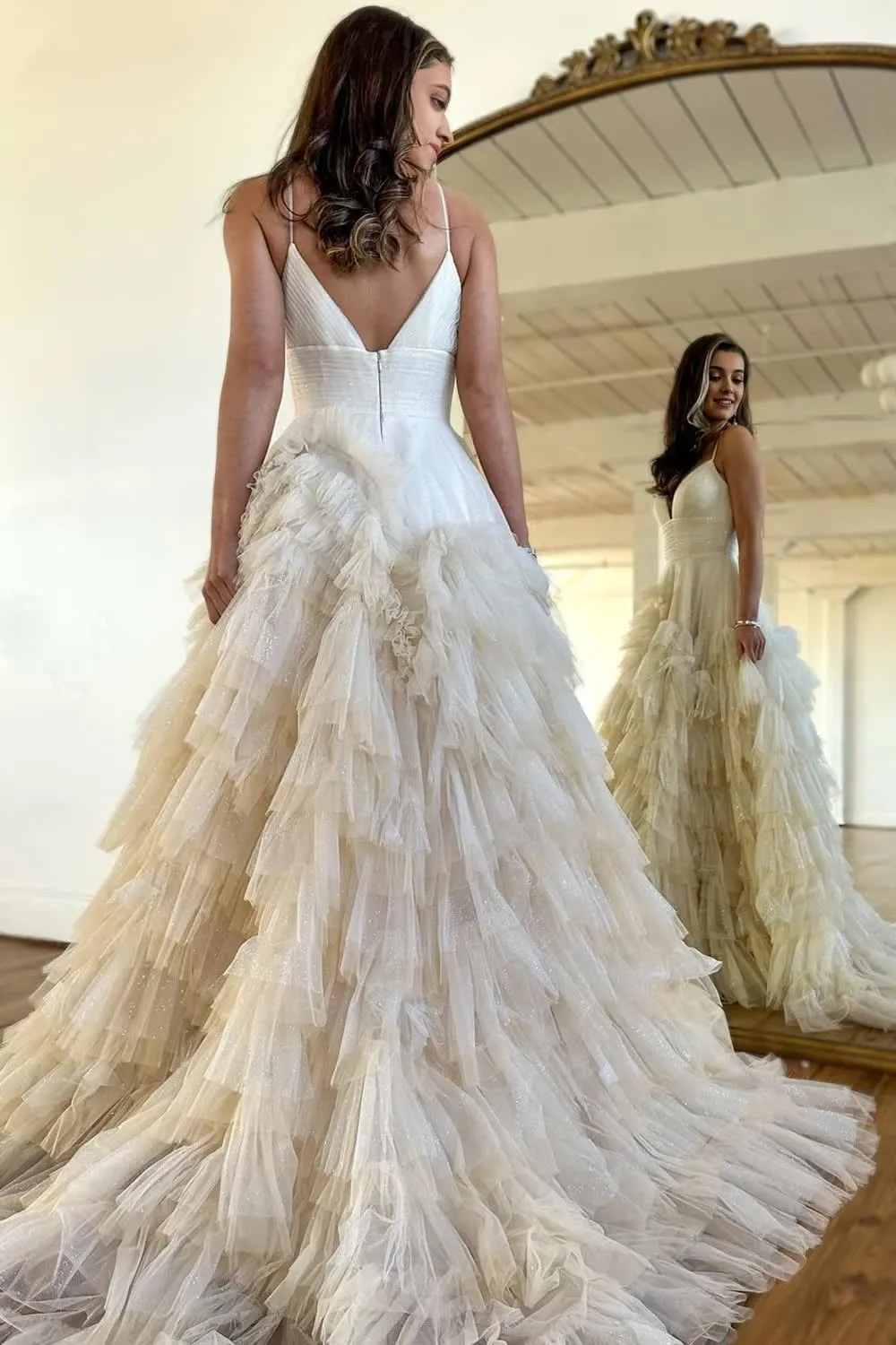 Light Pink Tulle Tiered A-Line Long Prom Dress