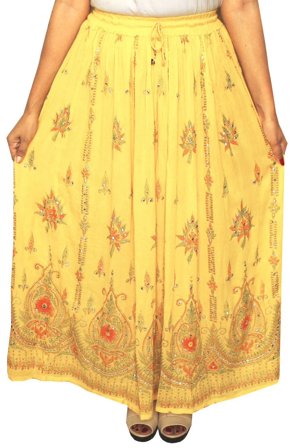 Long Skirts Sequins Ankle Length Rayon India Apparel (Yellow)