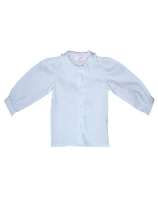 Long-sleeve White Girls Shirt in Fine Peruvian Cotton Ruffles Peter Pan Collar