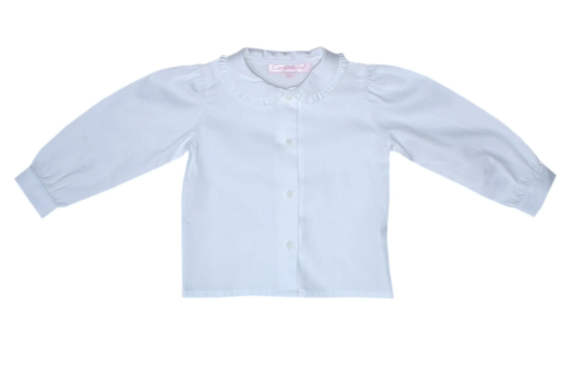 Long-sleeve White Girls Shirt in Fine Peruvian Cotton Ruffles Peter Pan Collar