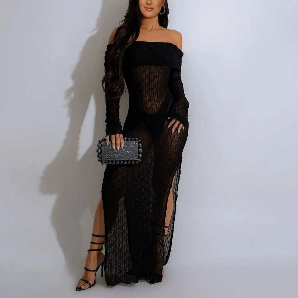 MALYBGG One-Shoulder Long Sleeve See-Through Slit Dress 10782LY