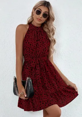 Maroon Polka Print Halter Neck Skater Dress