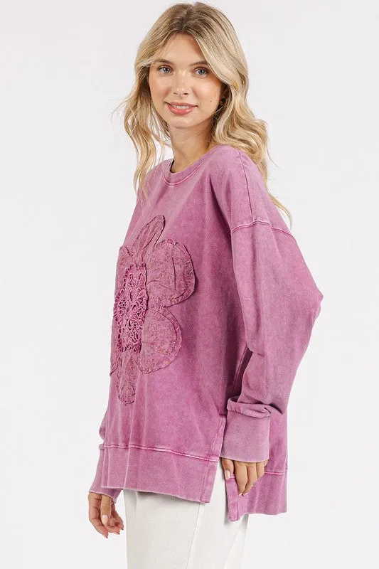 Mittoshop Dusty Pink Sweatshirt Flower Patch Side Slit Mineral Wash Top