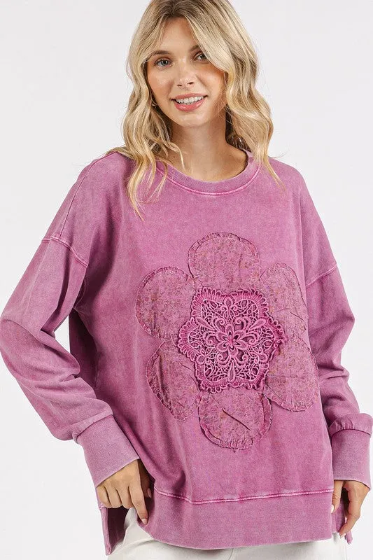 Mittoshop Dusty Pink Sweatshirt Flower Patch Side Slit Mineral Wash Top