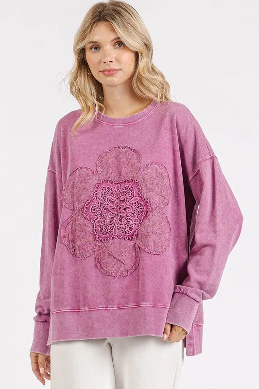 Mittoshop Dusty Pink Sweatshirt Flower Patch Side Slit Mineral Wash Top