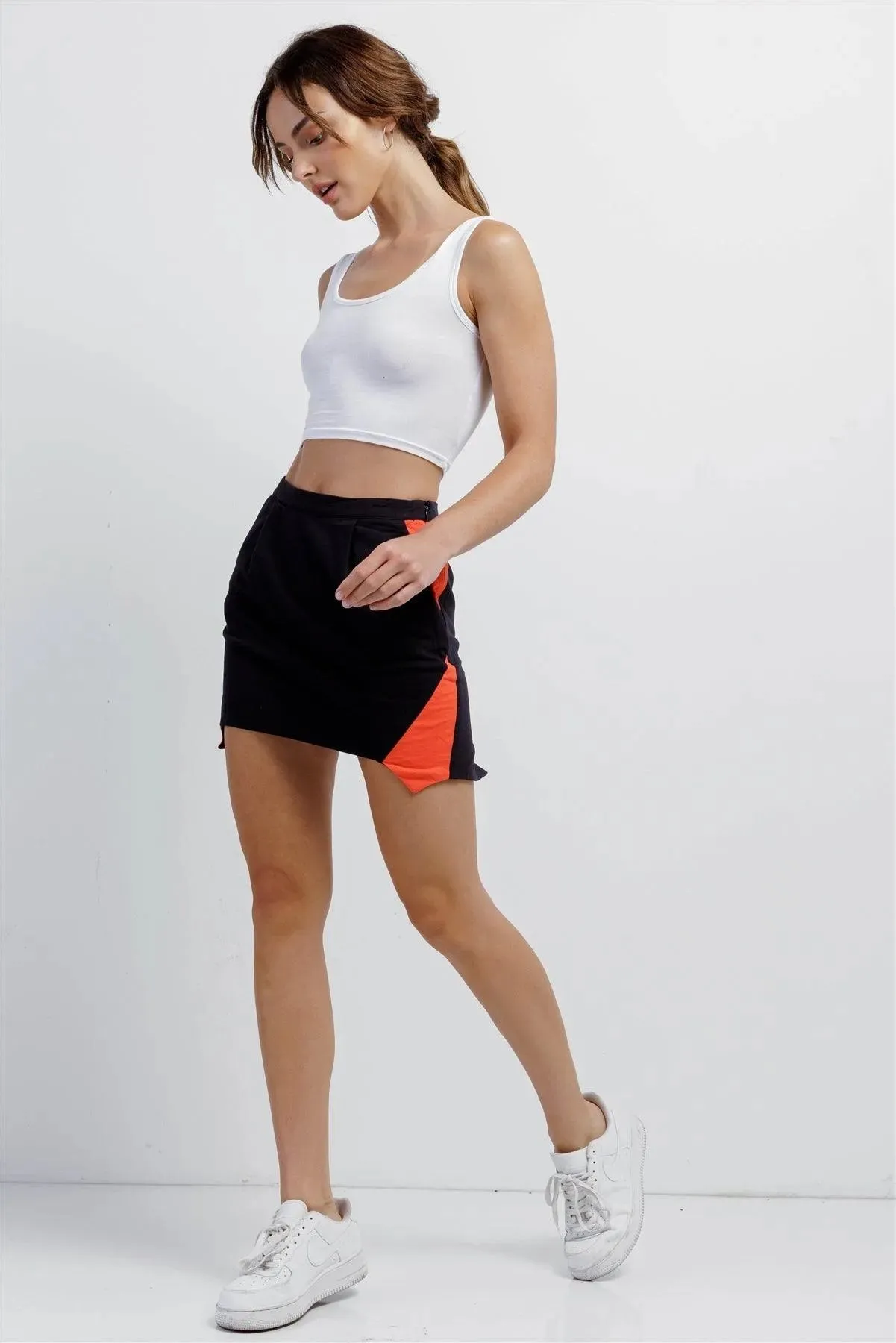 Navy&Coral High Waist Asymmetrical Cut-In Details Mini Skirt /1-2-2-1