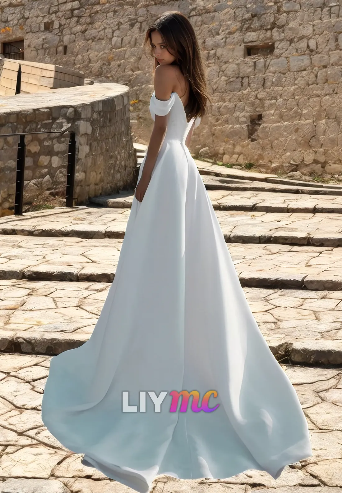 Off-Shoulder Strapless High Slit Sleek A-Line Beach Wedding Dress