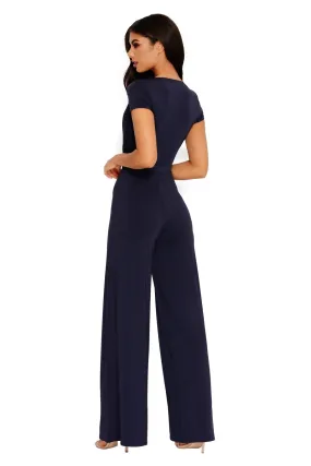 PETITE Sleeve It To Me Extreme Plunge Wide Leg Jumpsuit in Navy