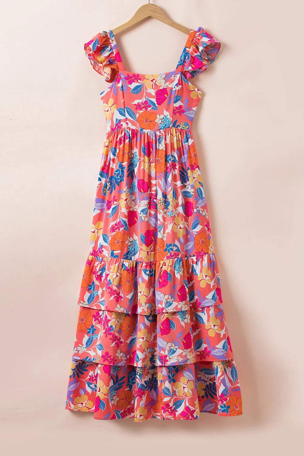 Pink Floral Print Sleeveless Ruffle Tiered Maxi Dress