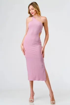 Pink Ribbed One Shoulder Cut-Out Side Midi Dress /1-2-2-1