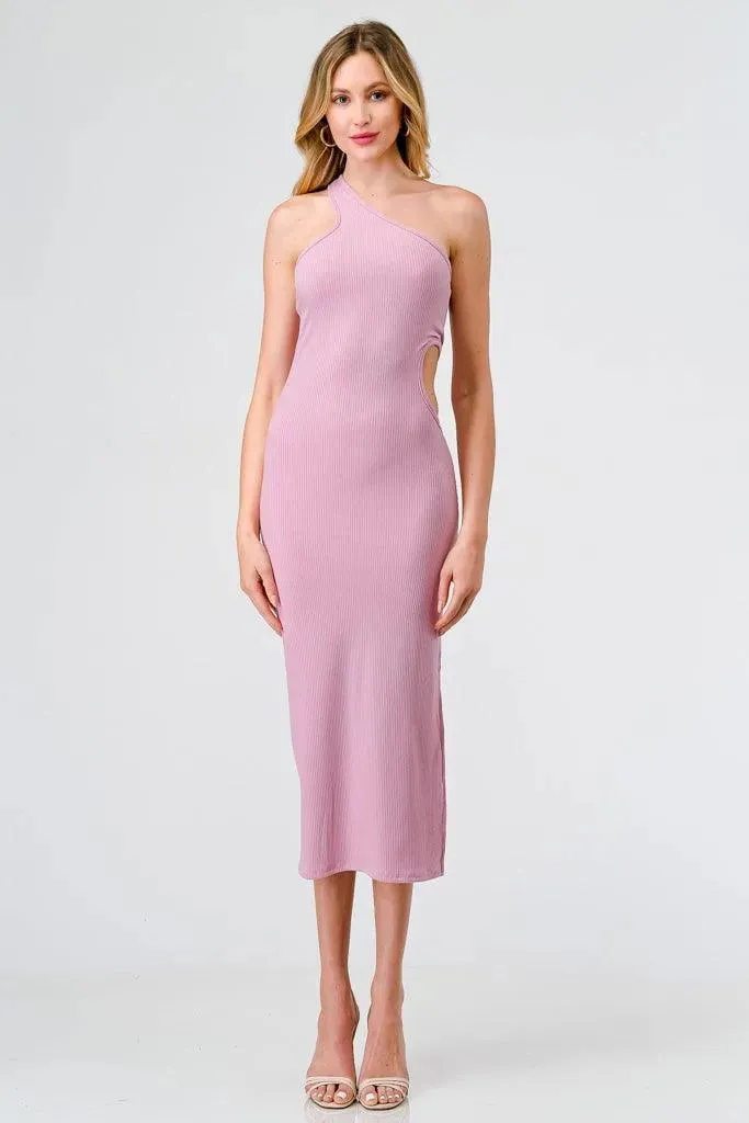 Pink Ribbed One Shoulder Cut-Out Side Midi Dress /1-2-2-1