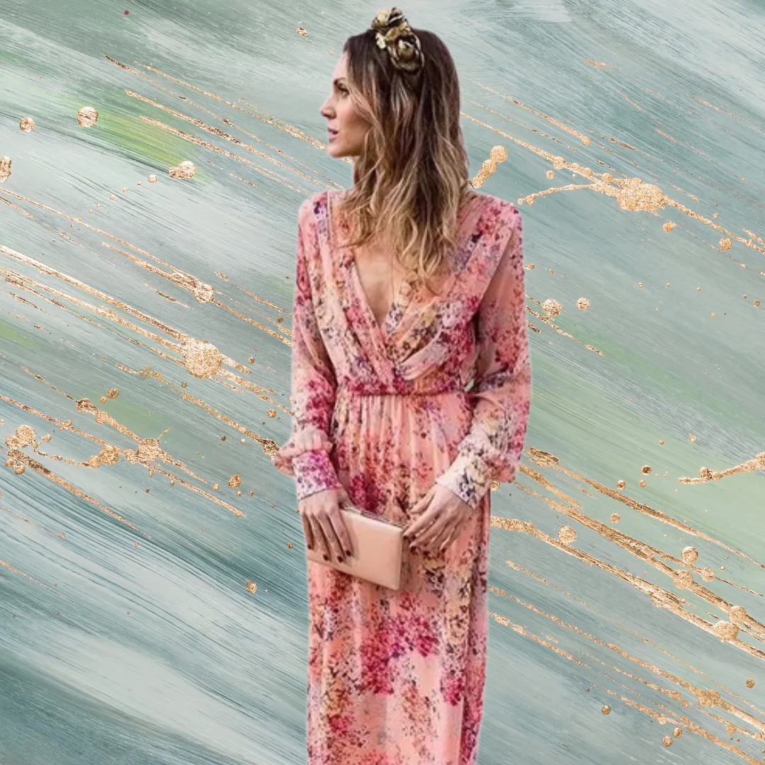 Pink V-Neck Long Sleeves Printed Maxi Dress