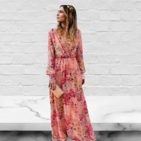 Pink V-Neck Long Sleeves Printed Maxi Dress