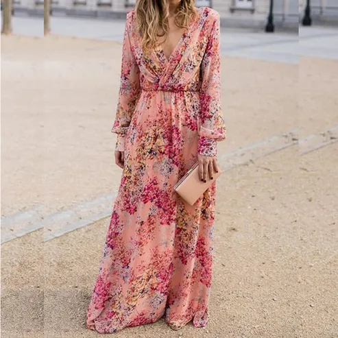 Pink V-Neck Long Sleeves Printed Maxi Dress