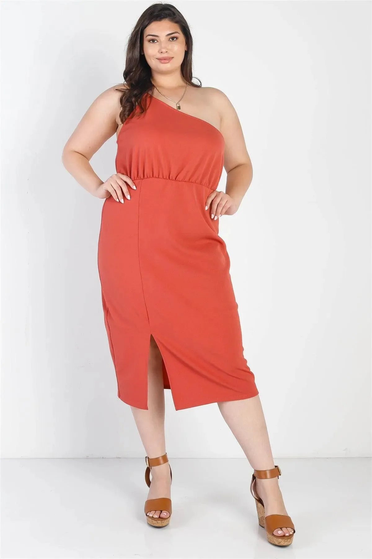 Plus Size Terracotta One Shoulder Sleeveless Midi Dress /3-2-1