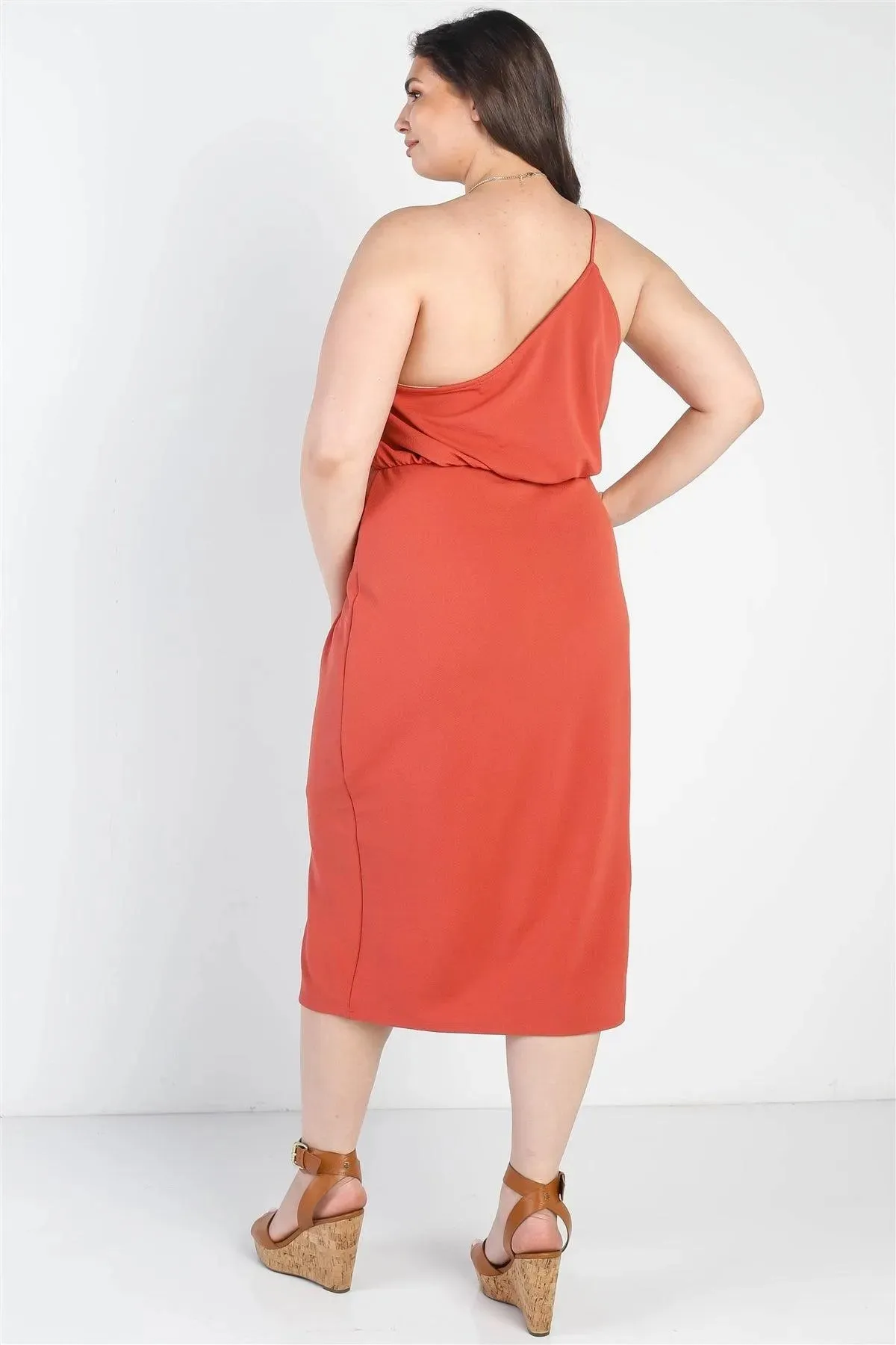 Plus Size Terracotta One Shoulder Sleeveless Midi Dress /3-2-1