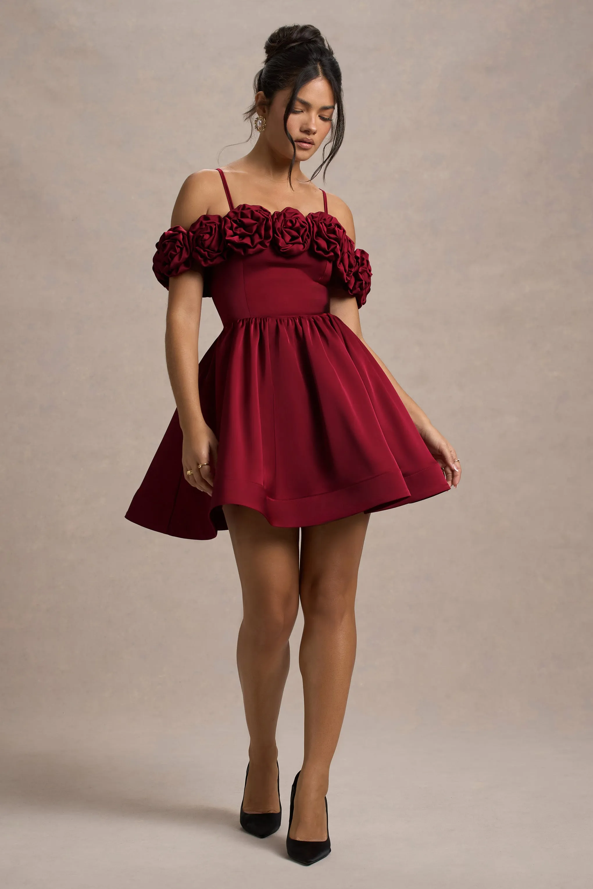 Poppy Dream | Berry Satin Floral Skater Mini Dress